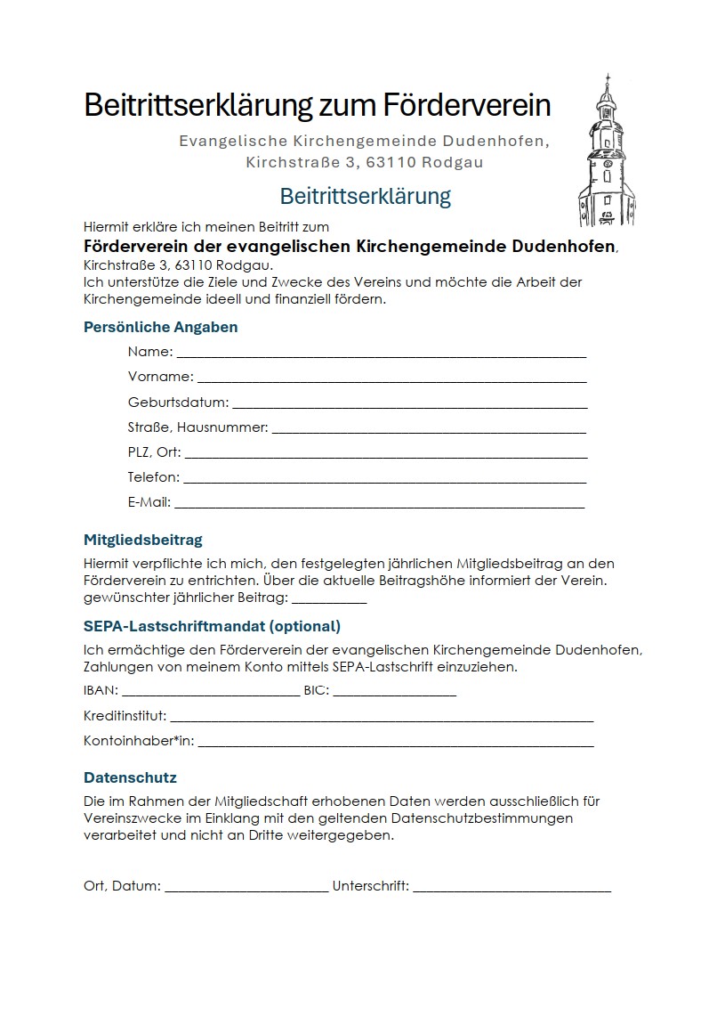 Ev. Kirche Dudenhofen Beitrittserklärung Gemeinde Förderverein